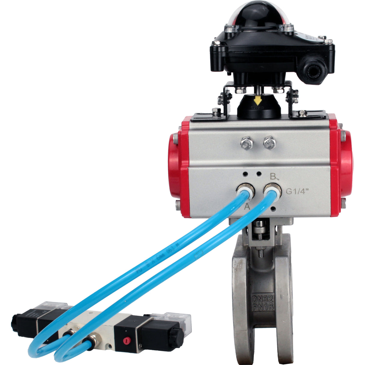 Vannes à boisseau sphérique Elephant BV3232P-FP-Fb-ISO-H 16 bar, passage intégral entre brides, acier inoxydable SS316, joint - PTFE, avec actionneur pneumatique double effet PA-DA, avec distributeur pneumatique 4V320-10 220V, avec BKV APL-210N