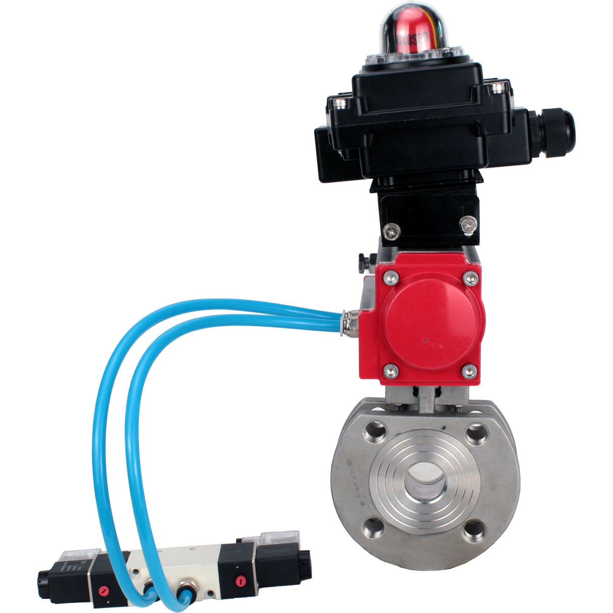 Ball valves Elephant BV3232P-FP-Fb-ISO-H 16 bar, full bore wafer, stainless steel SS316, seal - PTFE, with pneumatic actuator PA-SA with return springs, with pneumatic distributor 4V320-08 220V, with LSU APL-410N EX