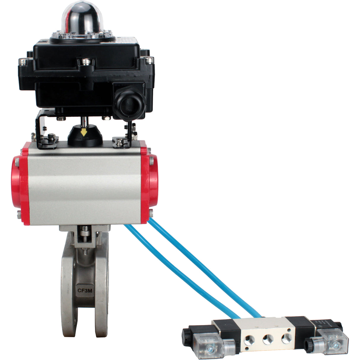 Ball valves Elephant BV3232P-FP-Fb-ISO-H 16 bar, full bore wafer, stainless steel SS316, seal - PTFE, with pneumatic actuator PA-SA with return springs, with pneumatic distributor 4V320-08 220V, with LSU APL-410N EX