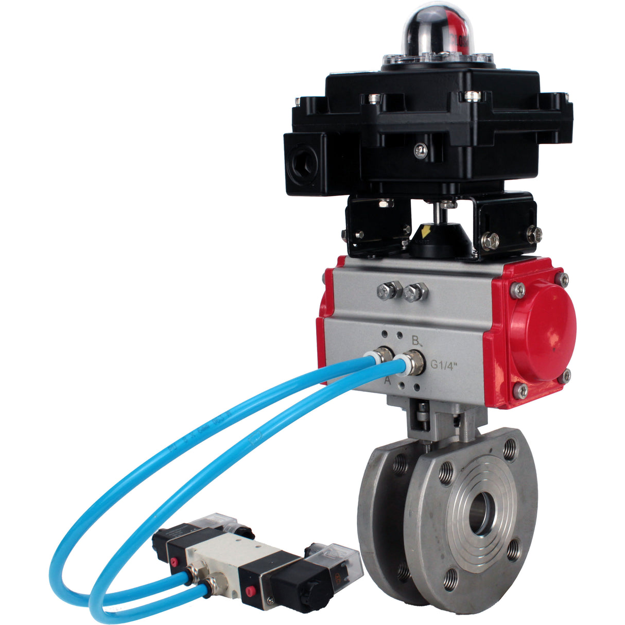 Ball valves Elephant BV3232P-FP-Fb-ISO-H 16 bar, full bore wafer, stainless steel SS316, seal - PTFE, with pneumatic actuator PA-SA with return springs, with pneumatic distributor 4V320-08 220V, with LSU APL-410N EX