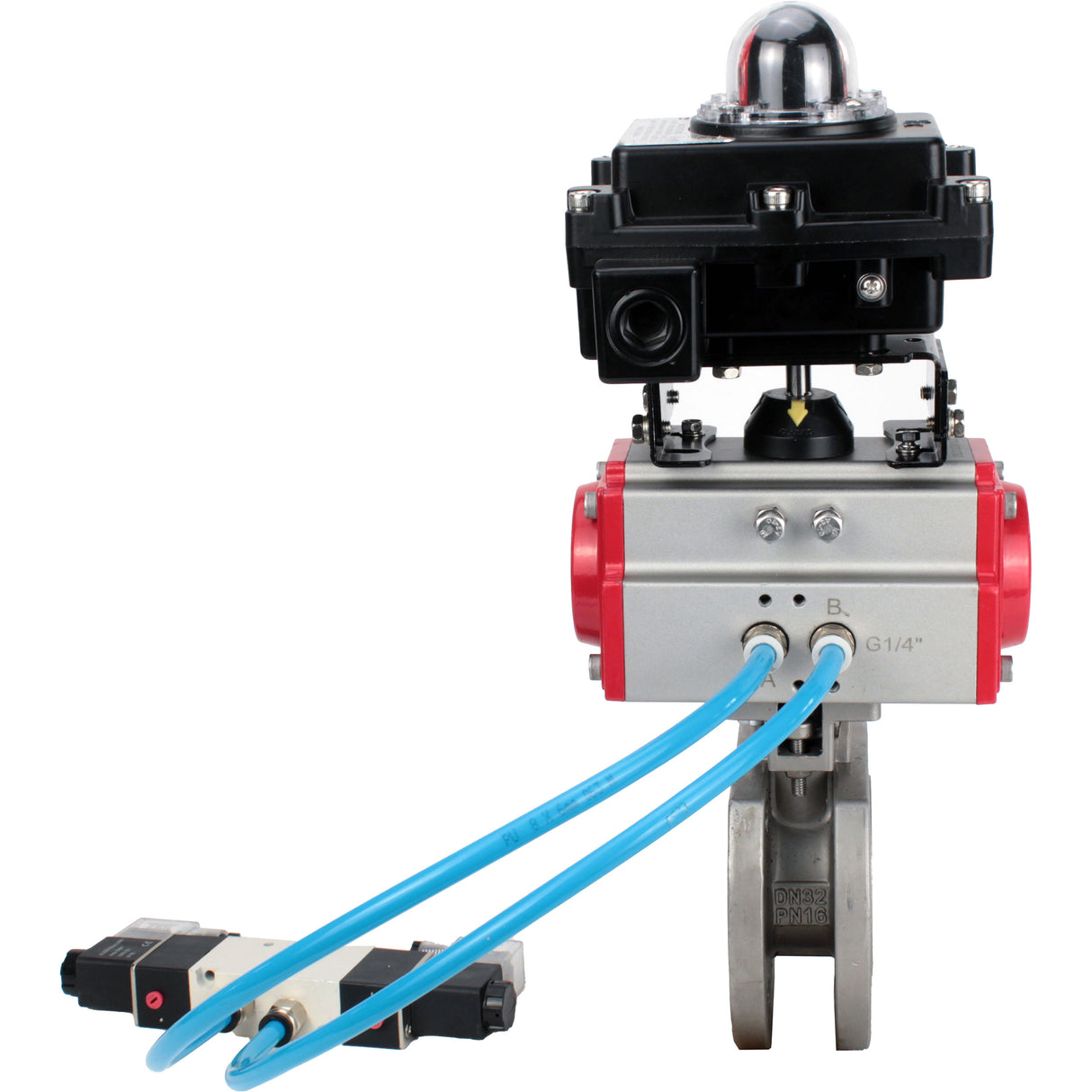Ball valves Elephant BV3232P-FP-Fb-ISO-H 16 bar, full bore wafer, stainless steel SS316, seal - PTFE, with pneumatic actuator PA-SA with return springs, with pneumatic distributor 4V320-08 220V, with LSU APL-410N EX