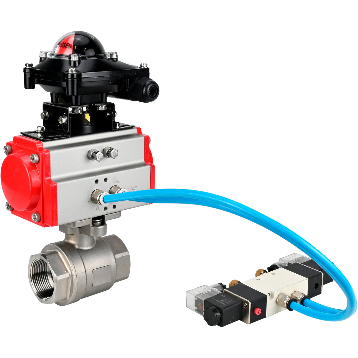 Ball valves Elephant BV3232P(2pc)-FP-T-ISO-H 16 bar, full bore coupling, stainless steel SS316, seal - PTFE, with pneumatic actuator PA-SA with return springs, with pneumatic distributor 4V320-10 220V, with LSU APL-210N