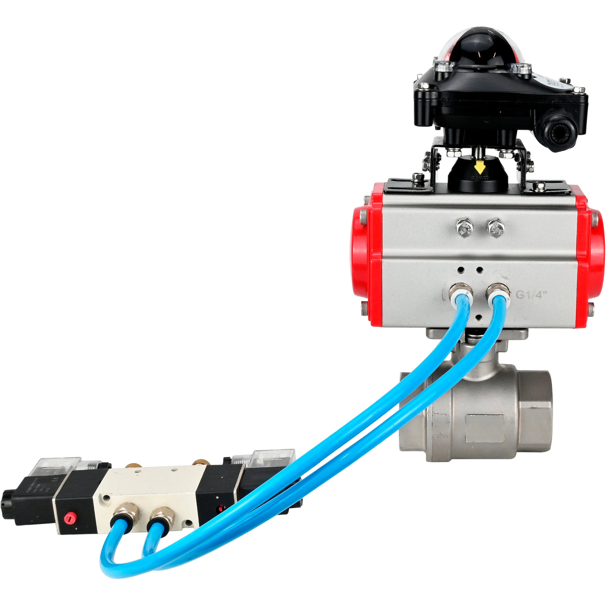 Ball valves Elephant BV3232P(2pc)-FP-T-ISO-H 16 bar, full bore coupling, stainless steel SS316, seal - PTFE, with pneumatic actuator PA-SA with return springs, with pneumatic distributor 4V320-10 220V, with LSU APL-210N