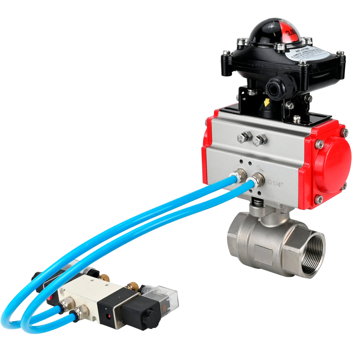 Ball valves Elephant BV3232P(2pc)-FP-T-ISO-H 16 bar, full bore coupling, stainless steel SS316, seal - PTFE, with pneumatic actuator PA-SA with return springs, with pneumatic distributor 4V320-10 220V, with LSU APL-210N