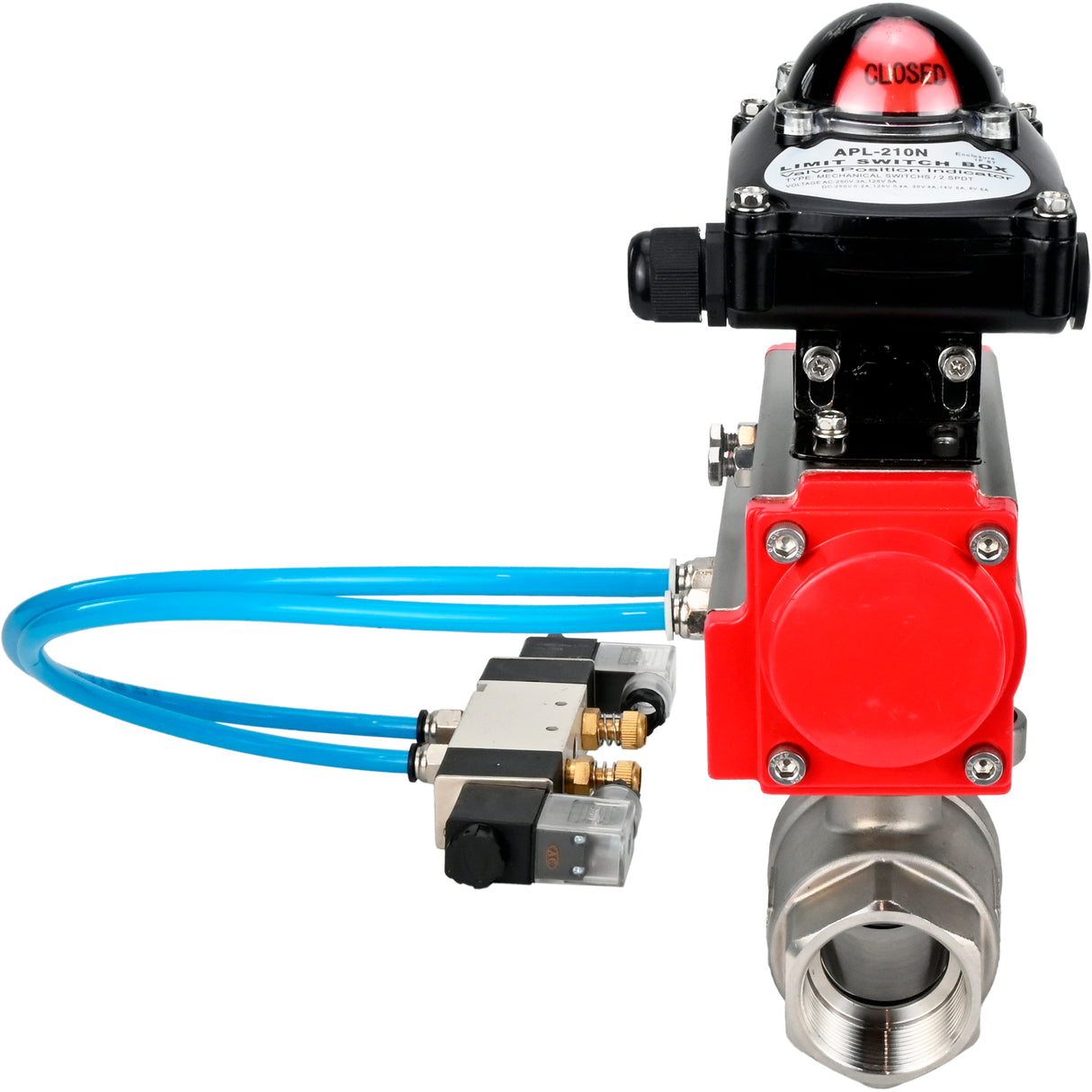 Ball valves Elephant BV3232P(2pc)-FP-T-ISO-H 16 bar, full bore coupling, stainless steel SS316, seal - PTFE, with pneumatic actuator PA-SA with return springs, with pneumatic distributor 4V320-10 220V, with LSU APL-210N