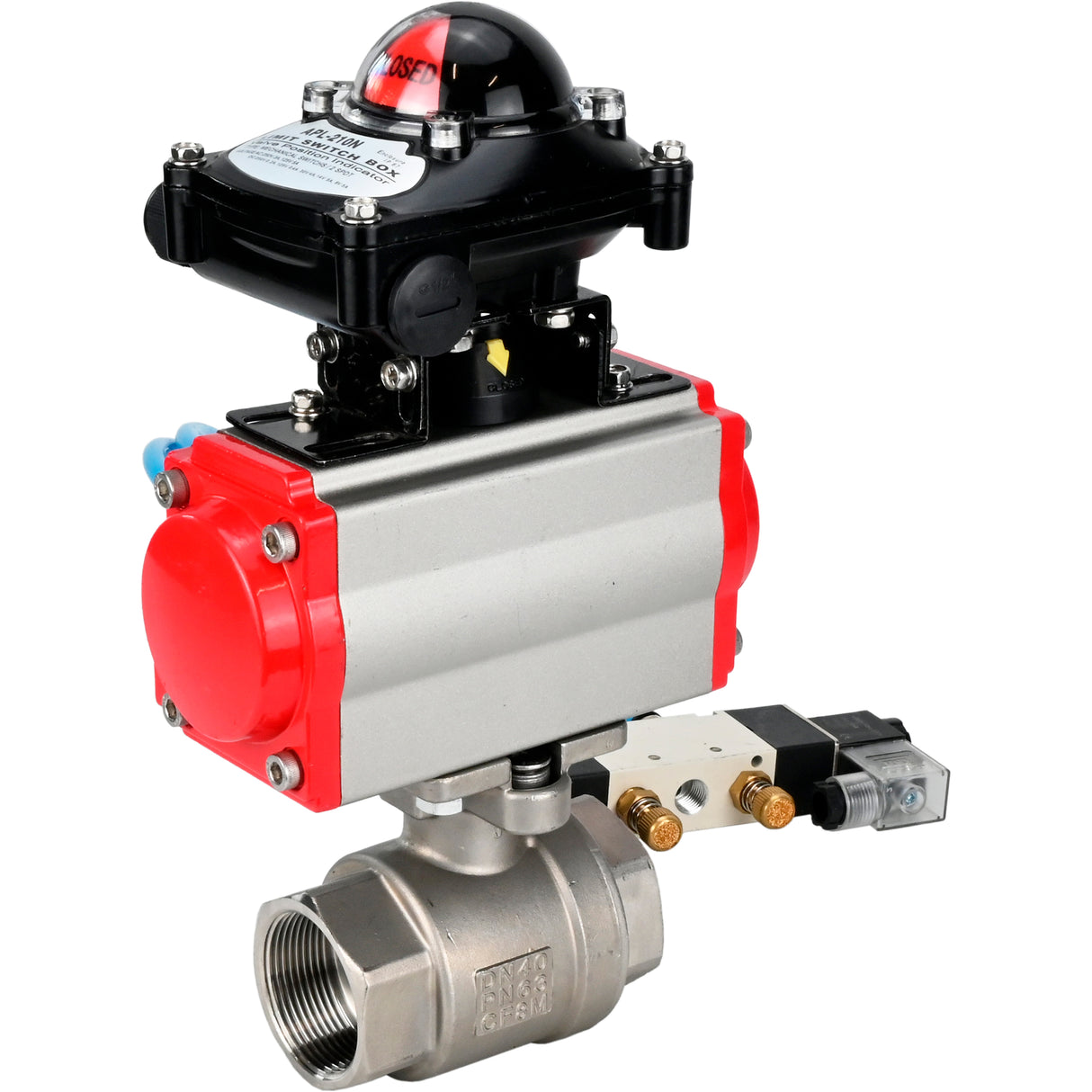 Ball valves Elephant BV3232P(2pc)-FP-T-ISO-H 16 bar, full bore coupling, stainless steel SS316, seal - PTFE, with pneumatic actuator PA-SA with return springs, with pneumatic distributor 4V320-10 220V, with LSU APL-210N