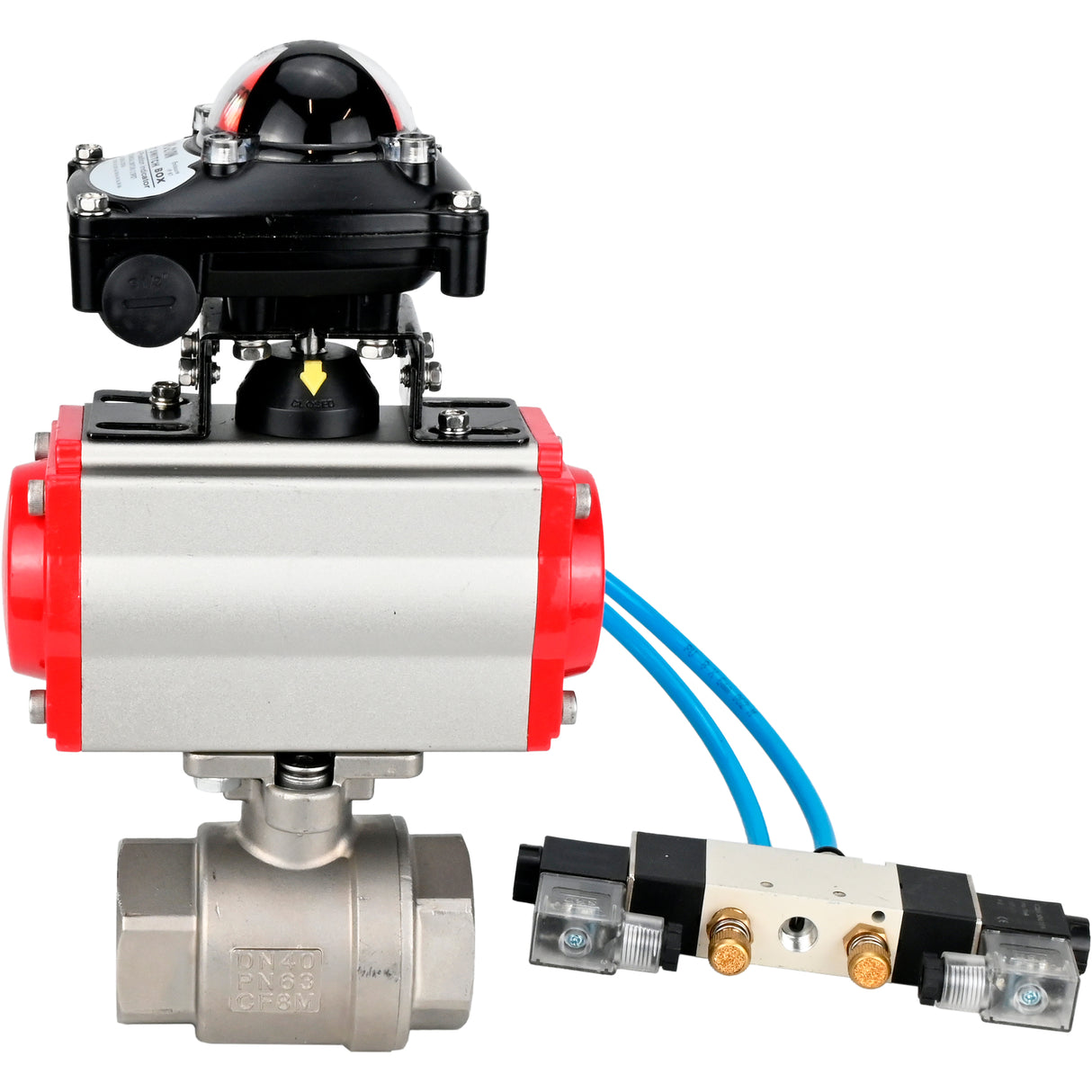 Ball valves Elephant BV3232P(2pc)-FP-T-ISO-H 16 bar, full bore coupling, stainless steel SS316, seal - PTFE, with pneumatic actuator PA-SA with return springs, with pneumatic distributor 4V320-10 220V, with LSU APL-210N