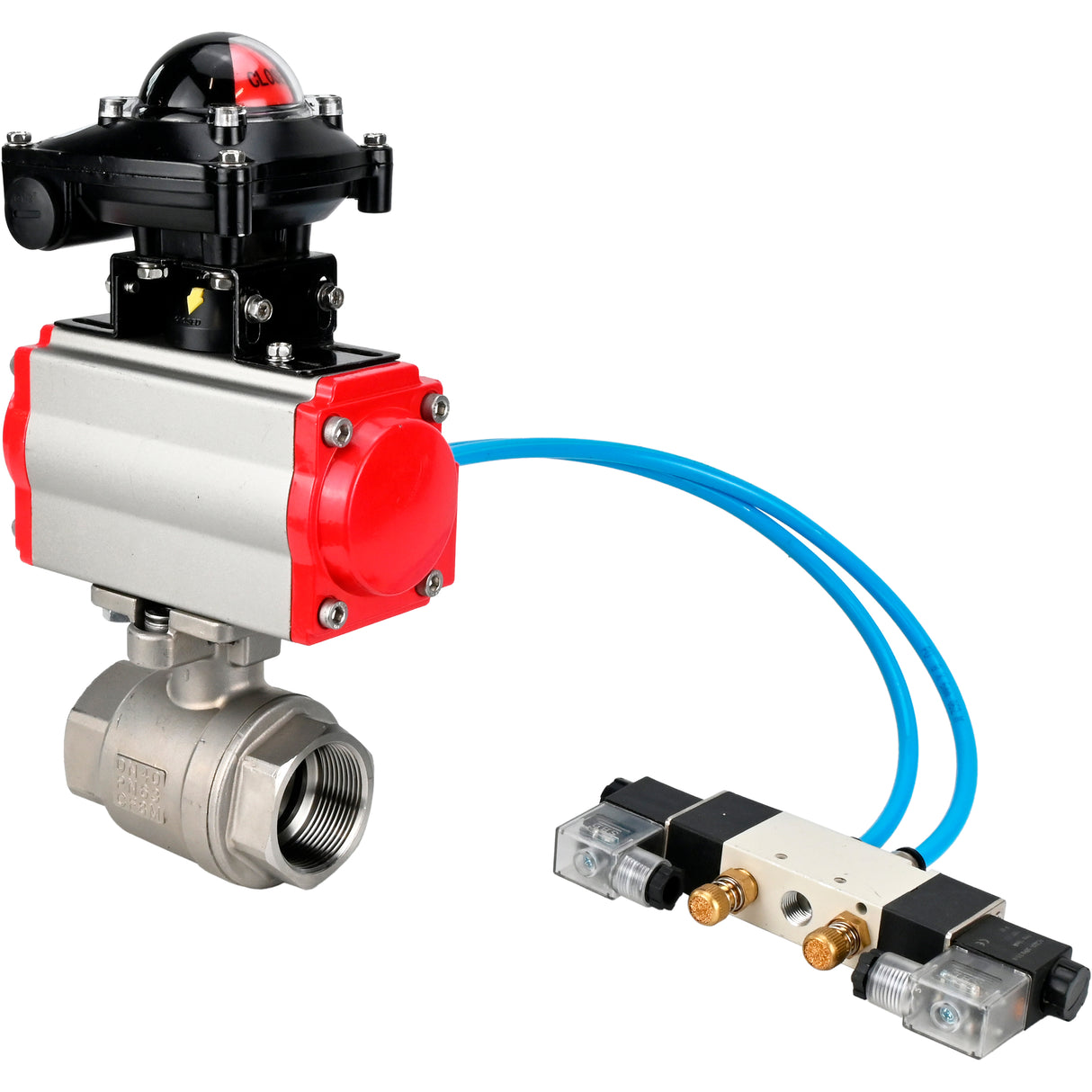 Ball valves Elephant BV3232P(2pc)-FP-T-ISO-H 16 bar, full bore coupling, stainless steel SS316, seal - PTFE, with pneumatic actuator PA-SA with return springs, with pneumatic distributor 4V320-10 220V, with LSU APL-210N