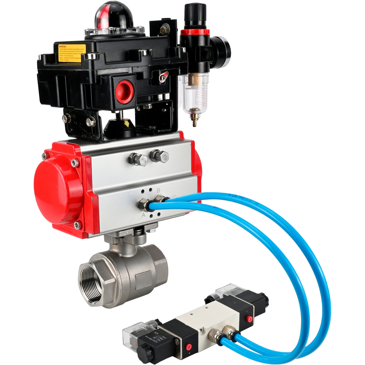 Ball valves Elephant BV3232P(2pc)-FP-T-ISO-H 16 bar, full bore coupling, stainless steel SS316, seal - PTFE, with pneumatic actuator PA-SA with return springs, with pneumatic distributor 4V320-08 220V, with LSU APL-410N EX, with ATU AFC2000