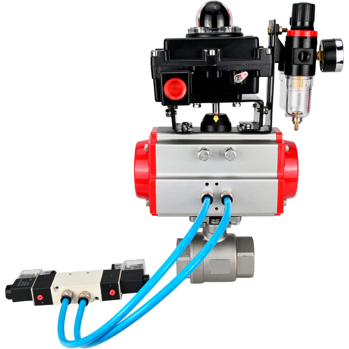 Ball valves Elephant BV3232P(2pc)-FP-T-ISO-H 16 bar, full bore coupling, stainless steel SS316, seal - PTFE, with pneumatic actuator PA-SA with return springs, with pneumatic distributor 4V320-08 220V, with LSU APL-410N EX, with ATU AFC2000