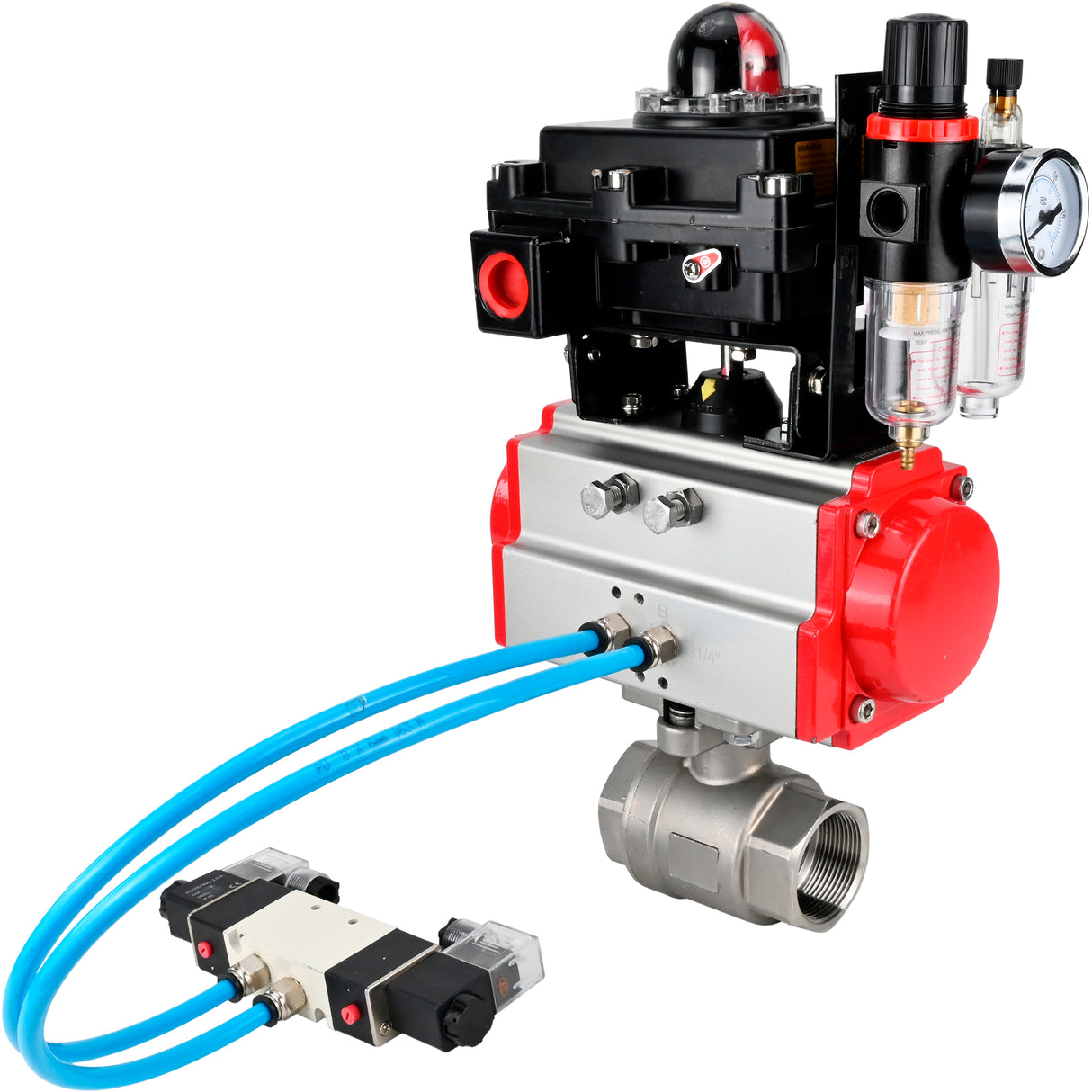 Ball valves Elephant BV3232P(2pc)-FP-T-ISO-H 16 bar, full bore coupling, stainless steel SS316, seal - PTFE, with pneumatic actuator PA-SA with return springs, with pneumatic distributor 4V320-08 220V, with LSU APL-410N EX, with ATU AFC2000