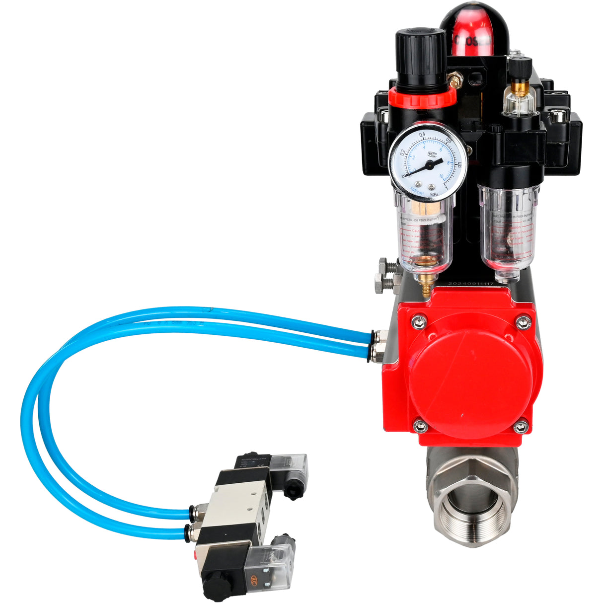 Ball valves Elephant BV3232P(2pc)-FP-T-ISO-H 16 bar, full bore coupling, stainless steel SS316, seal - PTFE, with pneumatic actuator PA-SA with return springs, with pneumatic distributor 4V320-08 220V, with LSU APL-410N EX, with ATU AFC2000