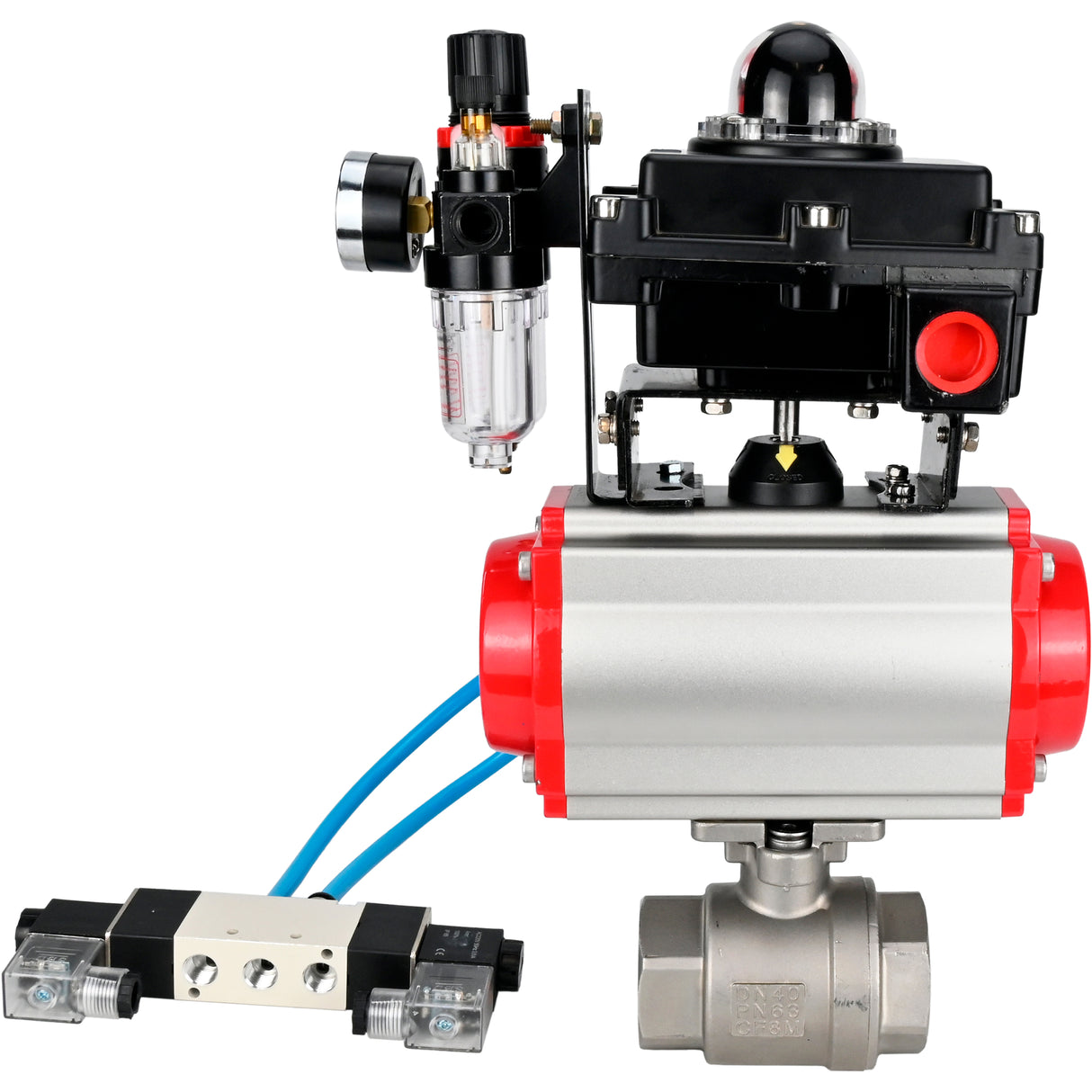 Ball valves Elephant BV3232P(2pc)-FP-T-ISO-H 16 bar, full bore coupling, stainless steel SS316, seal - PTFE, with pneumatic actuator PA-SA with return springs, with pneumatic distributor 4V320-08 220V, with LSU APL-410N EX, with ATU AFC2000