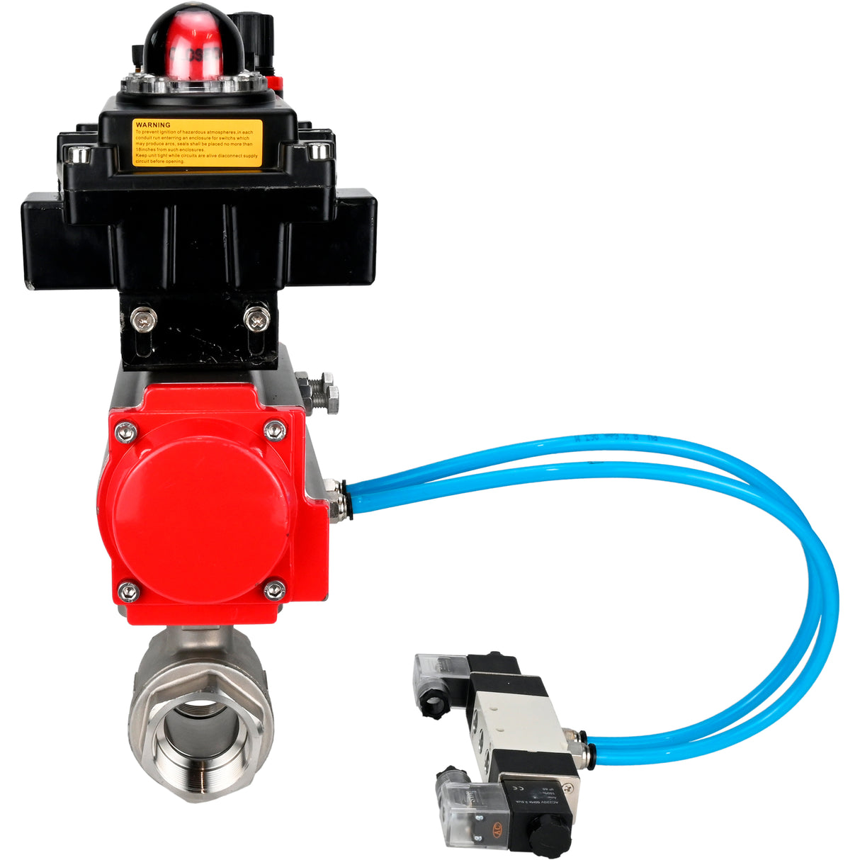 Ball valves Elephant BV3232P(2pc)-FP-T-ISO-H 16 bar, full bore coupling, stainless steel SS316, seal - PTFE, with pneumatic actuator PA-SA with return springs, with pneumatic distributor 4V320-08 220V, with LSU APL-410N EX, with ATU AFC2000