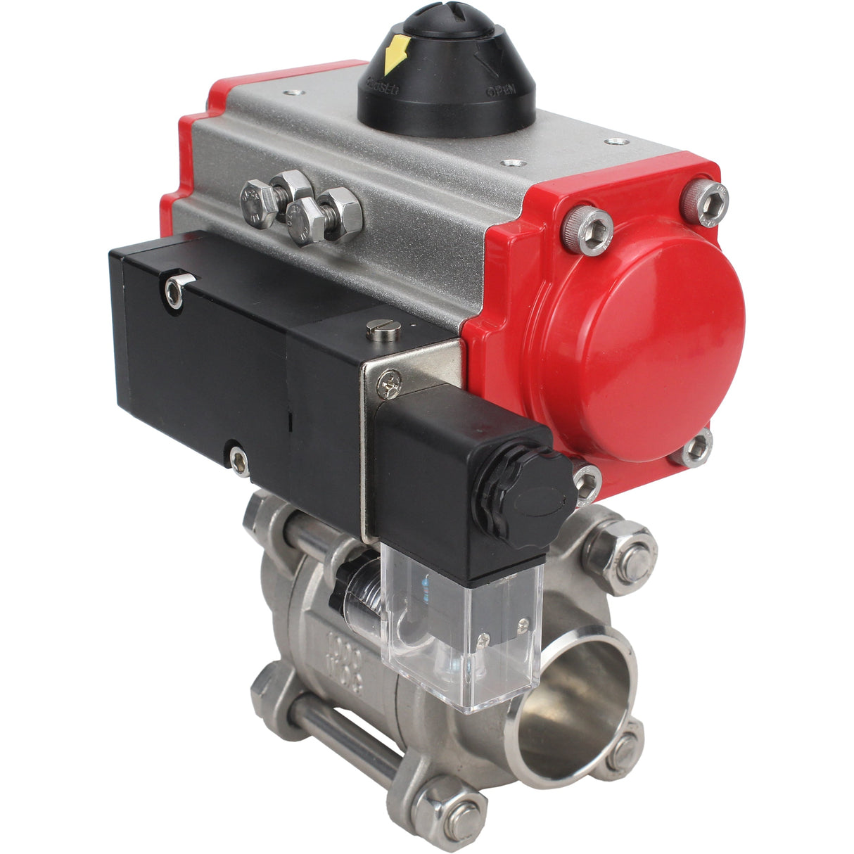 Robinet à boisseau sphérique en acier inoxydable Elephant kshpp-316200-sa-4m310-24, matériau du corps - acier inoxydable AISI 316, matériau de la bille - acier inoxydable AISI 316, joint - PTFE, actionné par actionneur pneumatique