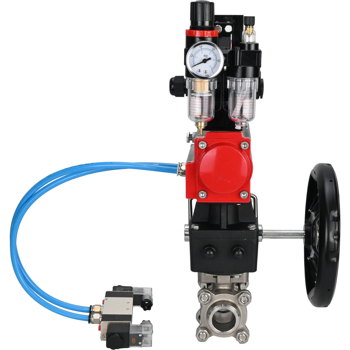 Ball valves Elephant BV3232P(3pc)-FP-W-ISO-H,  body material - Stainless steel AISI 316, seal - PTFE / PTFE / Teflon, with pneumatic actuator double action PA-DA, 4V320-10 220V, LSU APL-210N, handwheel MON, ATU AFC2000