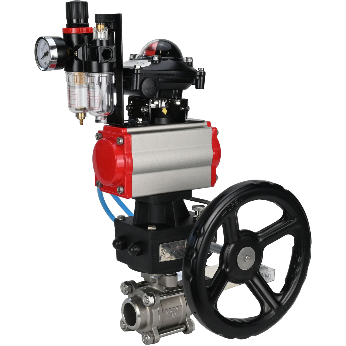 Ball valves Elephant BV3232P(3pc)-FP-W-ISO-H,  body material - Stainless steel AISI 316, seal - PTFE / PTFE / Teflon, with pneumatic actuator double action PA-DA, 4V320-10 220V, LSU APL-210N, handwheel MON, ATU AFC2000