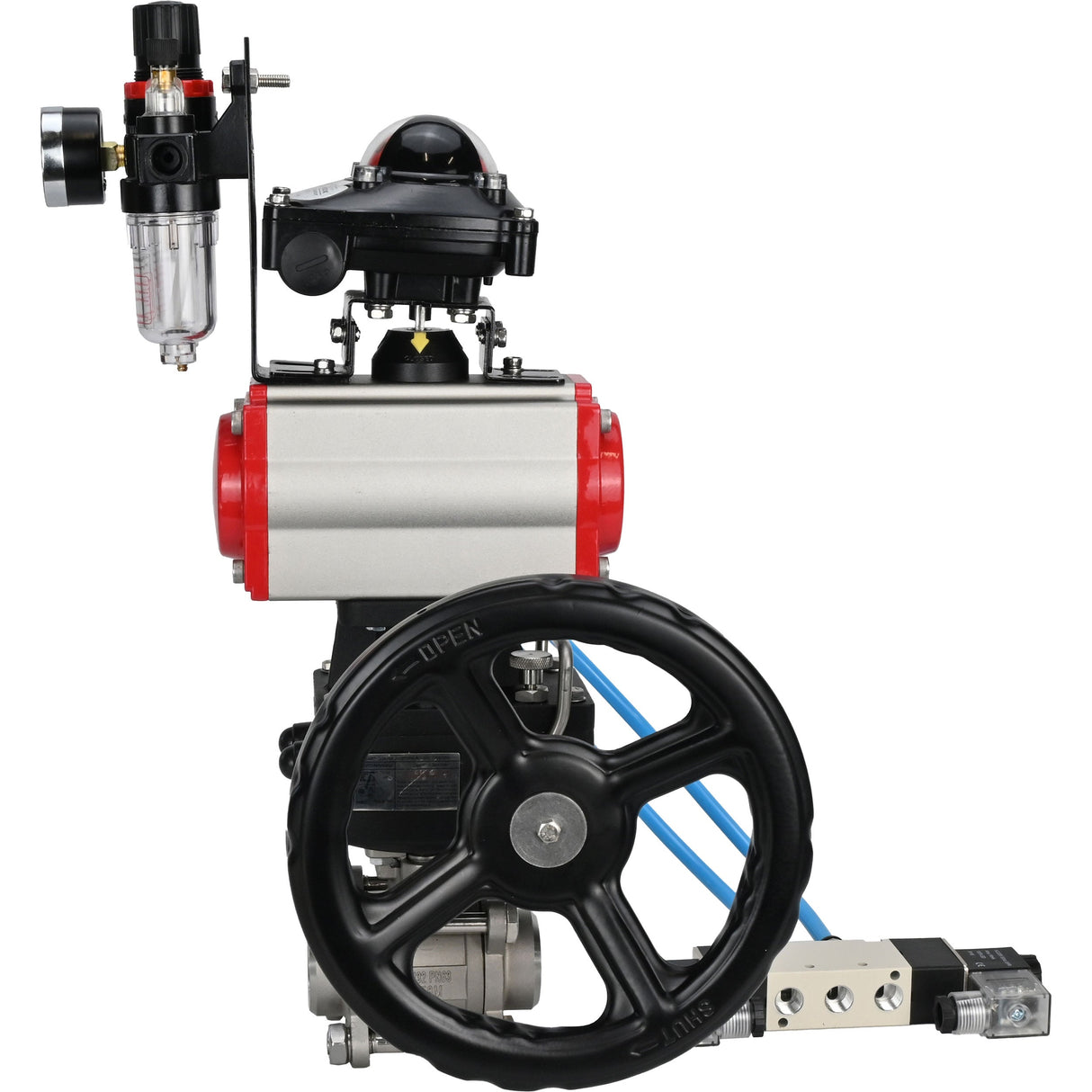 Ball valves Elephant BV3232P(3pc)-FP-W-ISO-H,  body material - Stainless steel AISI 316, seal - PTFE / PTFE / Teflon, with pneumatic actuator double action PA-DA, 4V320-10 220V, LSU APL-210N, handwheel MON, ATU AFC2000