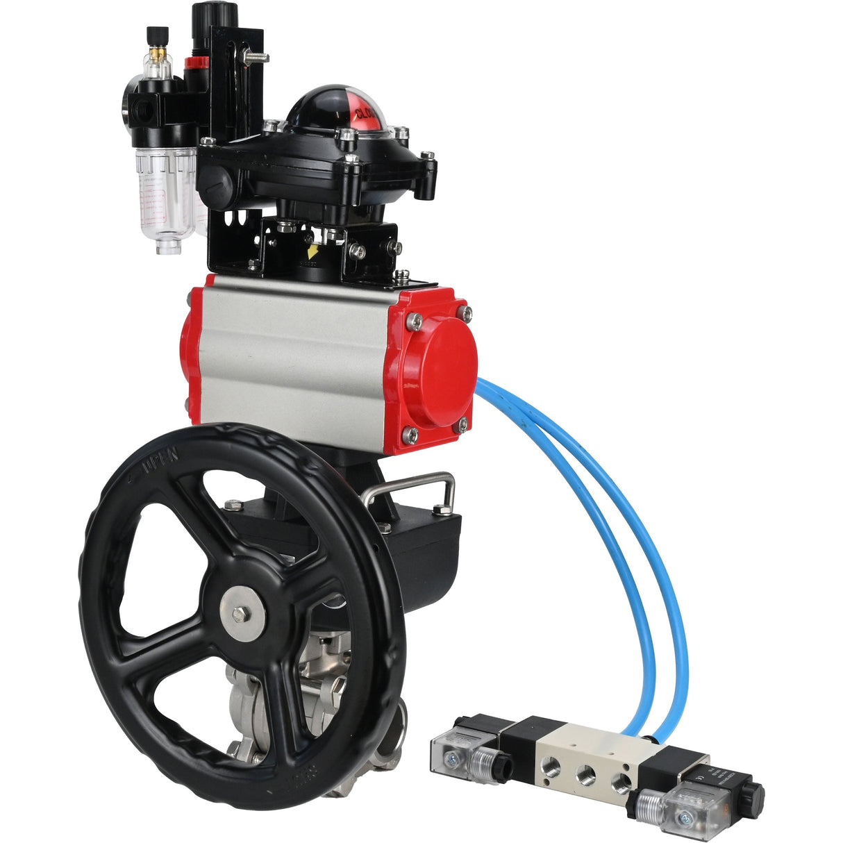 Ball valves Elephant BV3232P(3pc)-FP-W-ISO-H,  body material - Stainless steel AISI 316, seal - PTFE / PTFE / Teflon, with pneumatic actuator double action PA-DA, 4V320-10 220V, LSU APL-210N, handwheel MON, ATU AFC2000