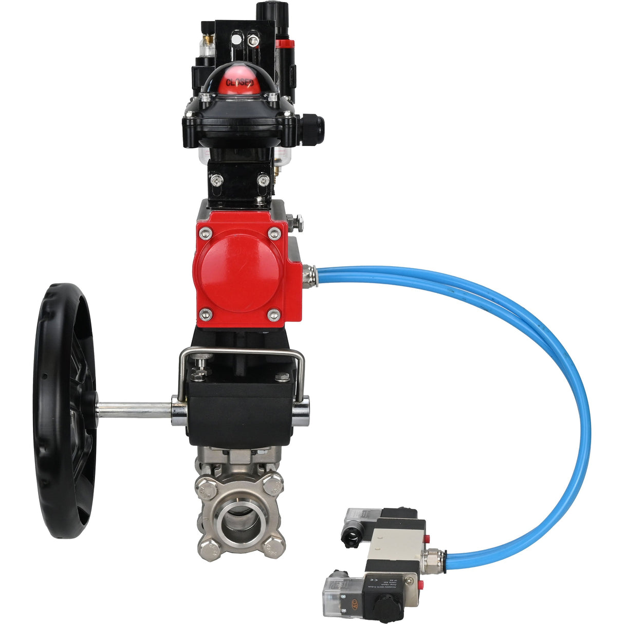 Ball valves Elephant BV3232P(3pc)-FP-W-ISO-H,  body material - Stainless steel AISI 316, seal - PTFE / PTFE / Teflon, with pneumatic actuator double action PA-DA, 4V320-10 220V, LSU APL-210N, handwheel MON, ATU AFC2000