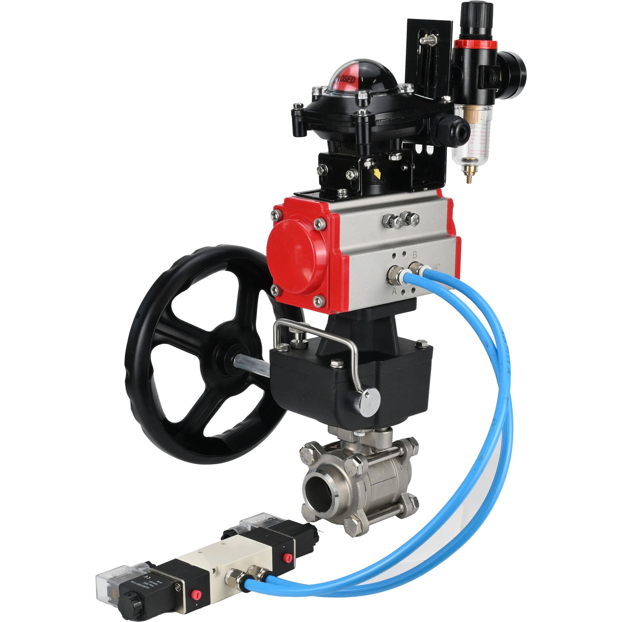 Ball valves Elephant BV3232P(3pc)-FP-W-ISO-H,  body material - Stainless steel AISI 316, seal - PTFE / PTFE / Teflon, with pneumatic actuator double action PA-DA, 4V320-10 220V, LSU APL-210N, handwheel MON, ATU AFC2000