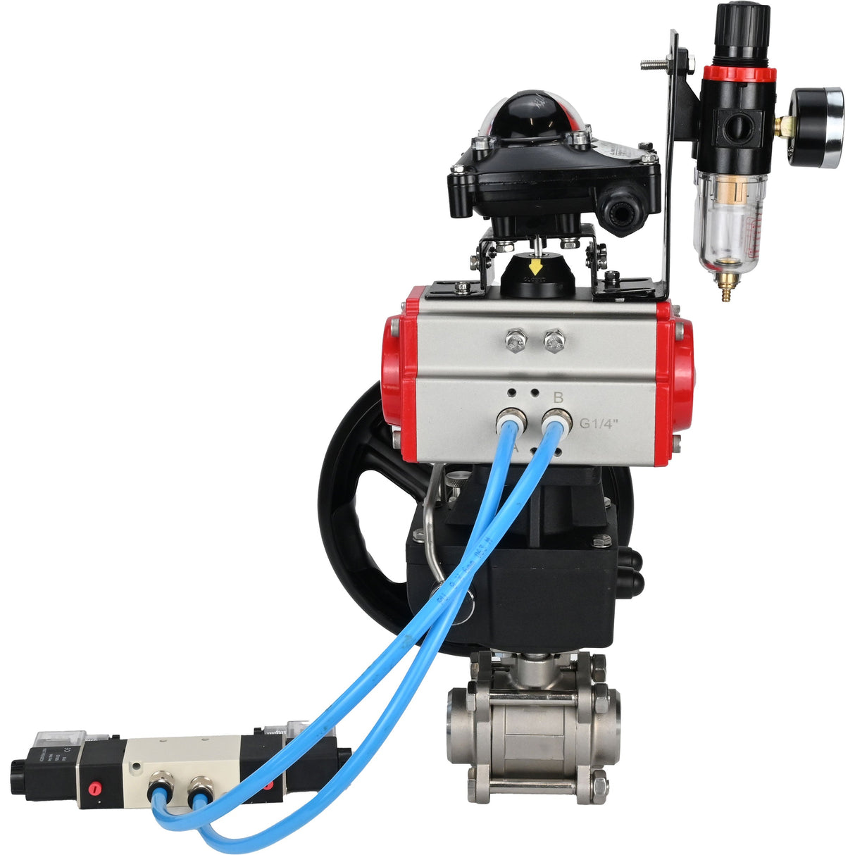 Ball valves Elephant BV3232P(3pc)-FP-W-ISO-H,  body material - Stainless steel AISI 316, seal - PTFE / PTFE / Teflon, with pneumatic actuator double action PA-DA, 4V320-10 220V, LSU APL-210N, handwheel MON, ATU AFC2000