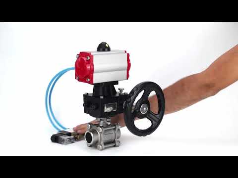 Ball valves Elephant BV3232P(3pc)-FP-W-ISO-H,  body material - Stainless steel AISI 316, seal - PTFE / PTFE / Teflon, with pneumatic actuator double action PA-DA, 4V320-10 220V, handwheel MON