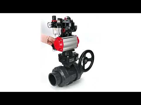 Ball valves Elephant BV4242E-FP-GRM-ISO, body material - UPVC, ball material - UPVC, seal - EPDM, with pneumatic actuator double action PA-DA, pneumatic distributor 4M310-08 220V, LSU APL-510N EX, ATU AFC2000 and handwheel MON