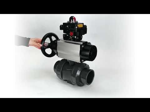 Ball valves Elephant BV4242E-FP-GRM-ISO, body material - UPVC, ball material - UPVC, seal - EPDM, with pneumatic actuator double action PA-DA-105-1, pneumatic distributor 4V320-10 220V and LSU APL-410N EX