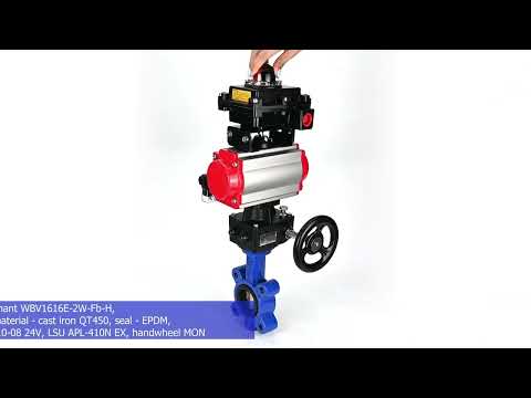 Vanne papillon d'eau Elephant WBV1616E-2W-Fb-H, matériau du corps - fonte QT450, matériau du disque - fonte QT450, joint - EPDM, actionneur pneumatique PA-DA double action, 4M310-08 24V, BKV APL-410N EX, volant MON,