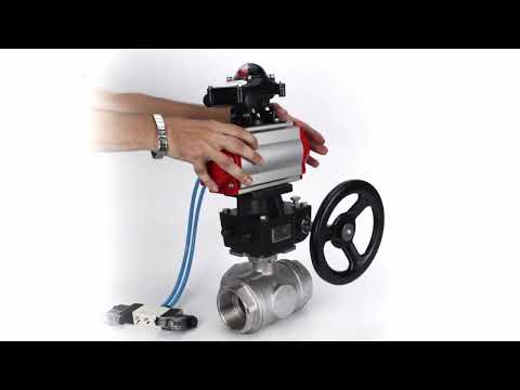 Ball valves Elephant BV3232P(4pc)-SP-3WL-T-ISO-H,  body material - Stainless steel AISI 316, seal - PTFE / PTFE / Teflon, with pneumatic actuator double action PA-DA, 4V320-08 220V, LSU APL-210N, handwheel MON