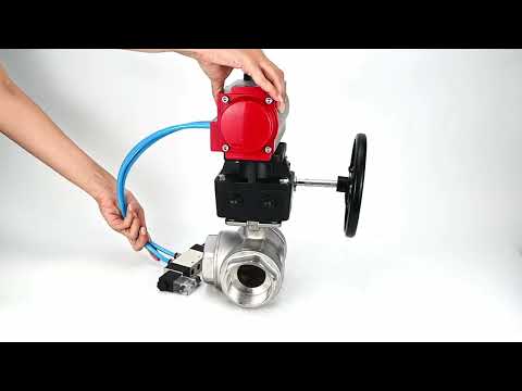 Ball valves Elephant BV3232P(4pc)-SP-3WL-T-ISO-H,  body material - Stainless steel AISI 316, seal - PTFE / PTFE / Teflon, with pneumatic actuator double action PA-DA, 4V320-08 220Vhandwheel MON