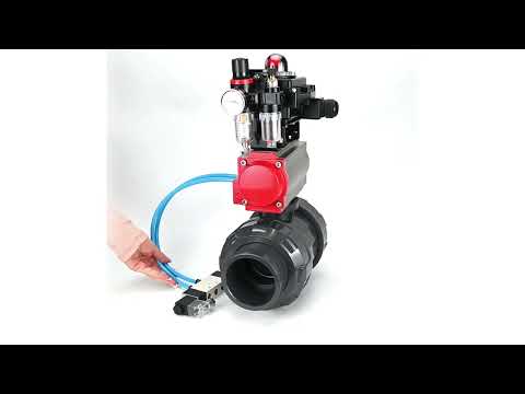 Ball valves Elephant BV4242E-FP-GRM-ISO, body material - UPVC, ball material - UPVC, seal - EPDM, with pneumatic actuator with return springs PA-SA, pneumatic distributor 4V320-08 220V, LSU APL-410N EX and ATU AFC2000