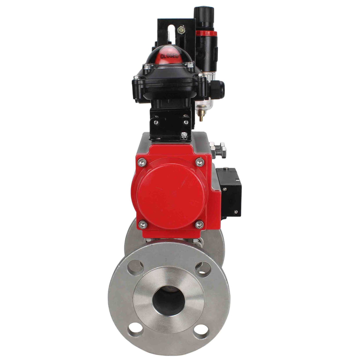 Robinet à boisseau sphérique en acier inoxydable Elephant ksfpt-316-180-da-4m310-110/220v-apl210n-afc2000, matériau du corps - acier inoxydable AISI 316, matériau de la bille - acier inoxydable AISI 316, joint - PTFE, actionné par actionneur pneumatique