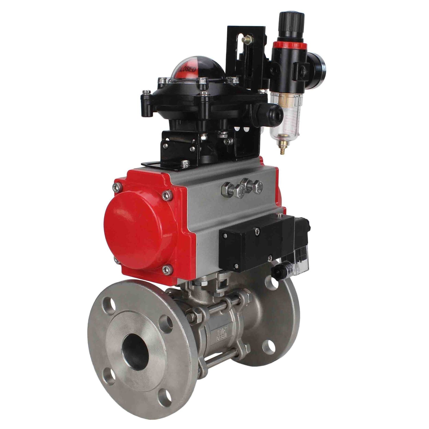 Robinet à boisseau sphérique en acier inoxydable Elephant ksfpt-316-180-da-4m310-24v-apl210n-afc2000, matériau du corps - acier inoxydable AISI 316, matériau de la bille - acier inoxydable AISI 316, joint - PTFE, actionné par actionneur pneumatique