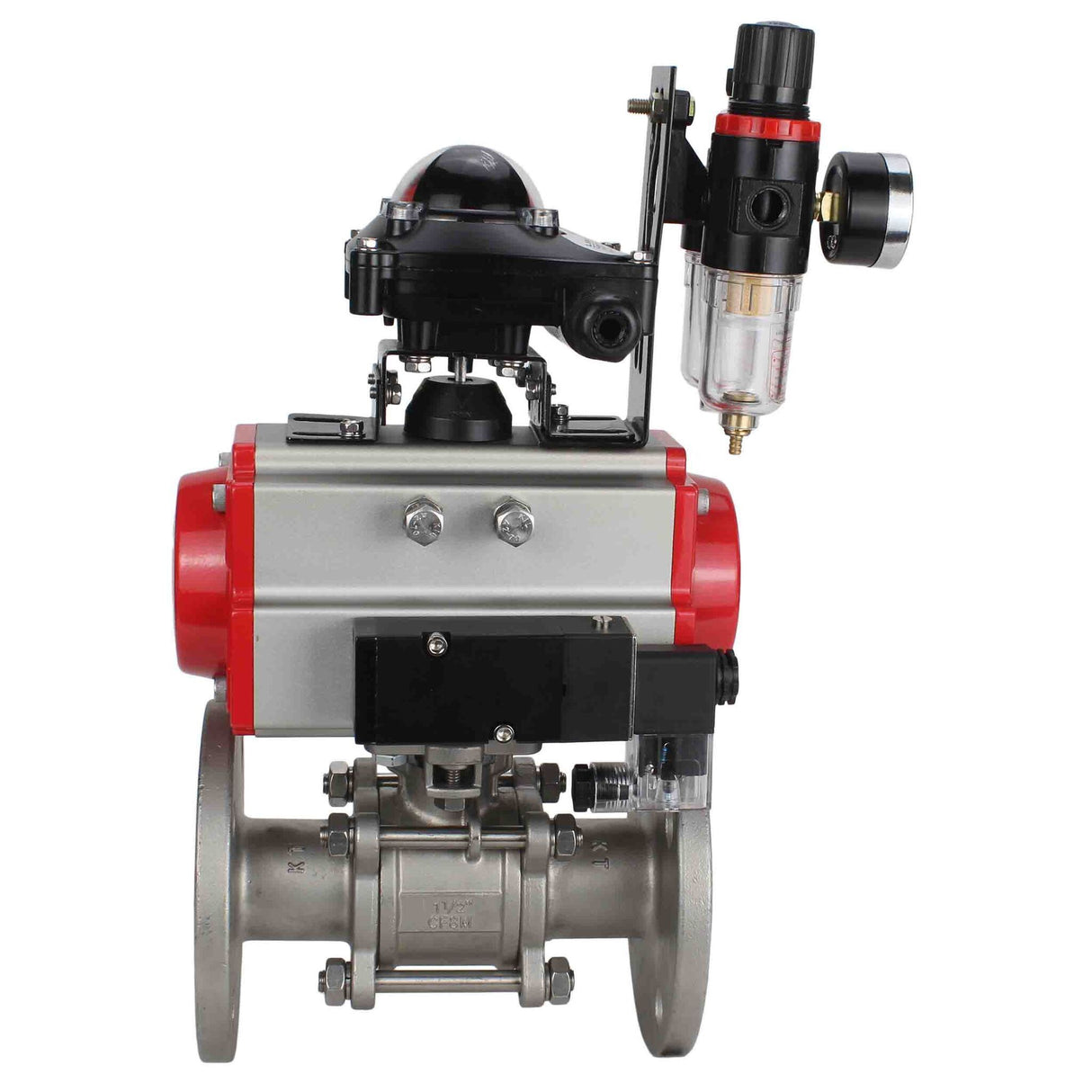 Robinet à boisseau sphérique en acier inoxydable Elephant ksfpt-316-180-da-4m310-110/220v-apl210n-afc2000, matériau du corps - acier inoxydable AISI 316, matériau de la bille - acier inoxydable AISI 316, joint - PTFE, actionné par actionneur pneumatique