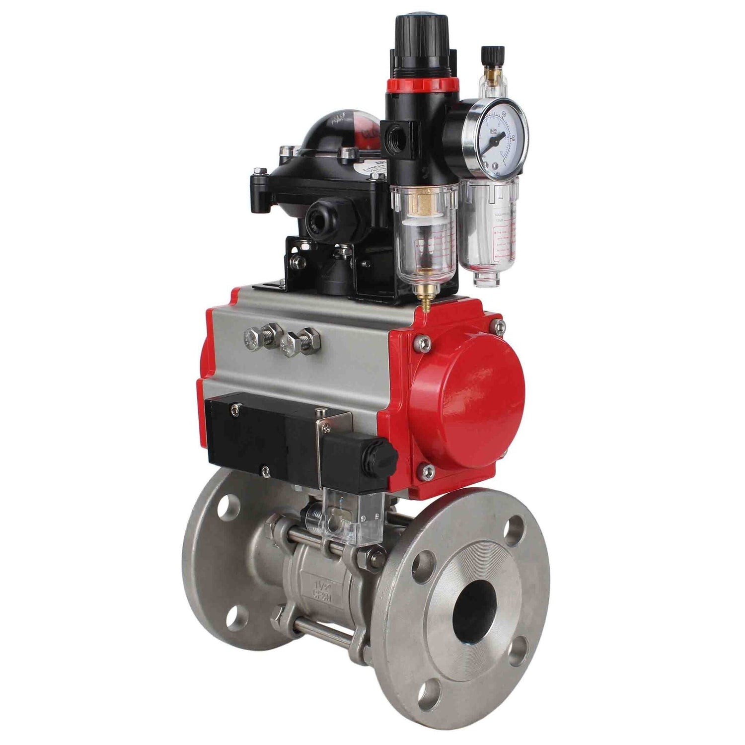 Robinet à boisseau sphérique en acier inoxydable Elephant ksfpt-316-180-da-4m310-24v-apl210n-afc2000, matériau du corps - acier inoxydable AISI 316, matériau de la bille - acier inoxydable AISI 316, joint - PTFE, actionné par actionneur pneumatique