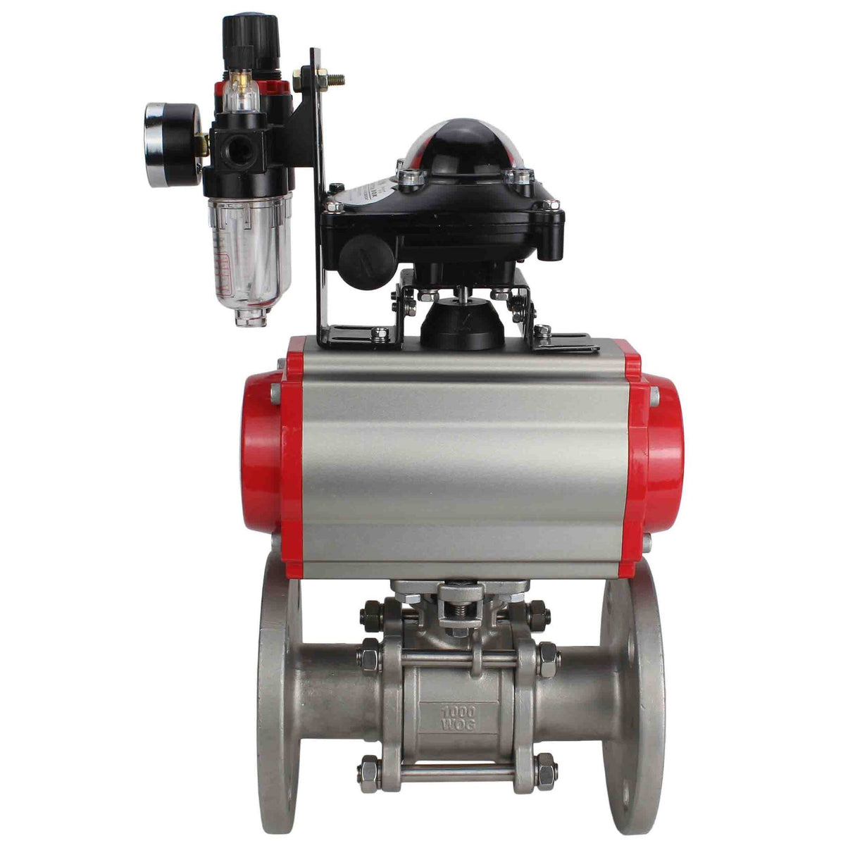 Robinet à boisseau sphérique en acier inoxydable Elephant ksfpt-316-180-da-4m310-110/220v-apl210n-afc2000, matériau du corps - acier inoxydable AISI 316, matériau de la bille - acier inoxydable AISI 316, joint - PTFE, actionné par actionneur pneumatique