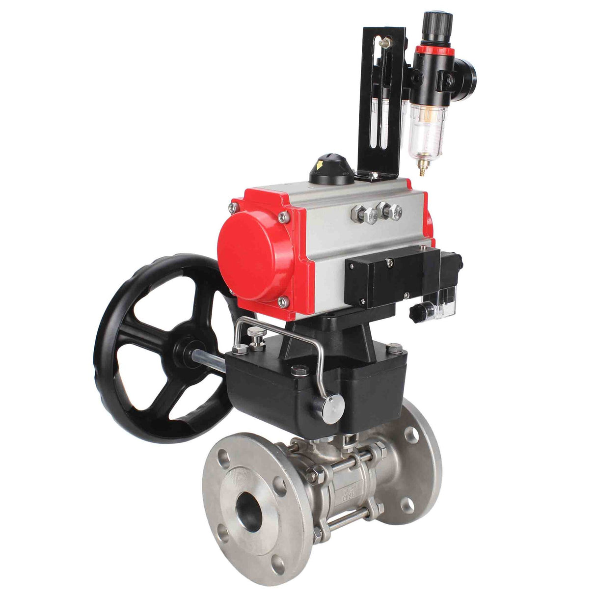 Robinet à boisseau sphérique en acier inoxydable Elephant ksfpt-316-180-da-4m310-24v-hdm-afc2000, matériau du corps - acier inoxydable AISI 316, matériau de la bille - acier inoxydable AISI 316, joint - PTFE, actionné par actionneur pneumatique