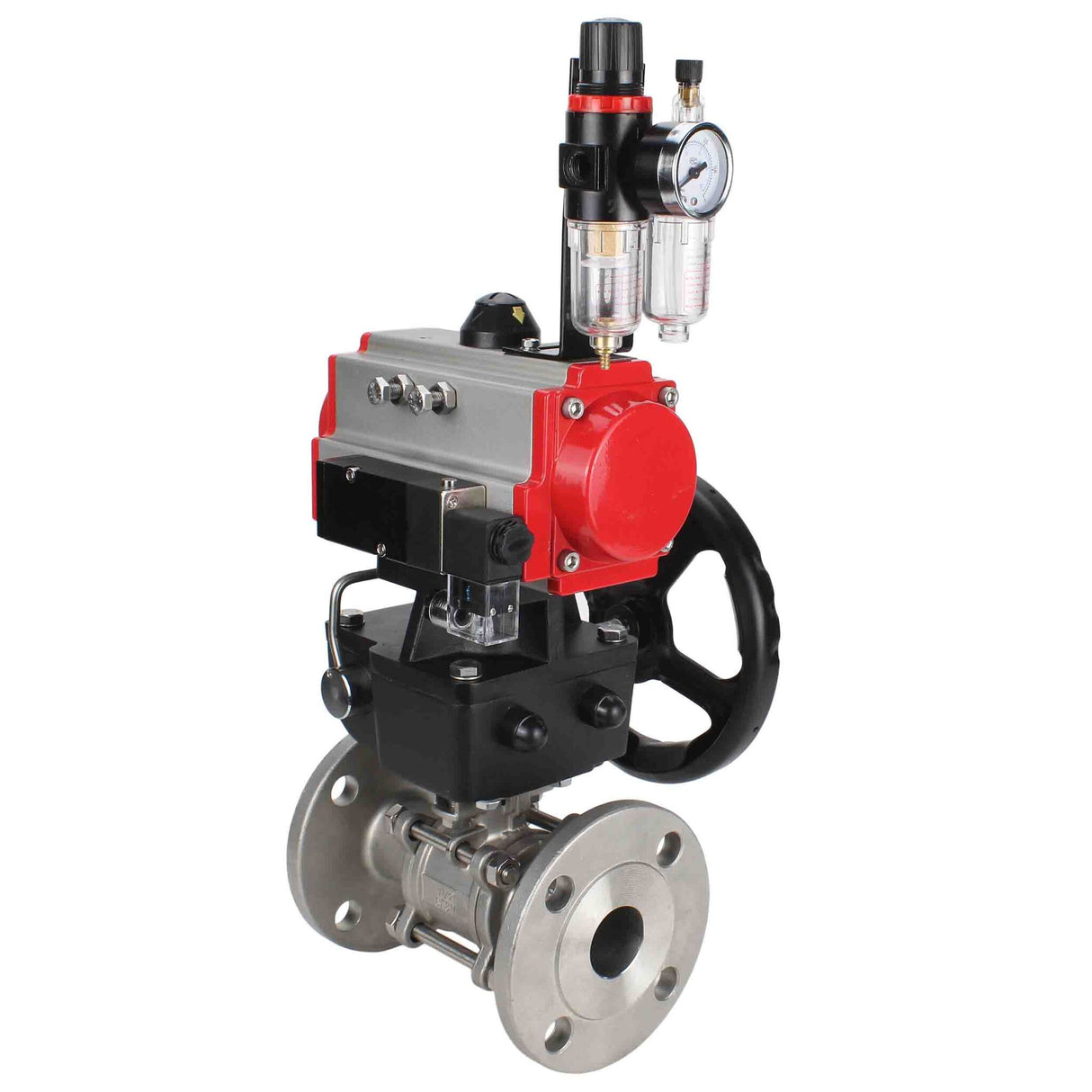 Robinet à boisseau sphérique en acier inoxydable Elephant ksfpt-316-180-da-4m310-24v-hdm-afc2000, matériau du corps - acier inoxydable AISI 316, matériau de la bille - acier inoxydable AISI 316, joint - PTFE, actionné par actionneur pneumatique