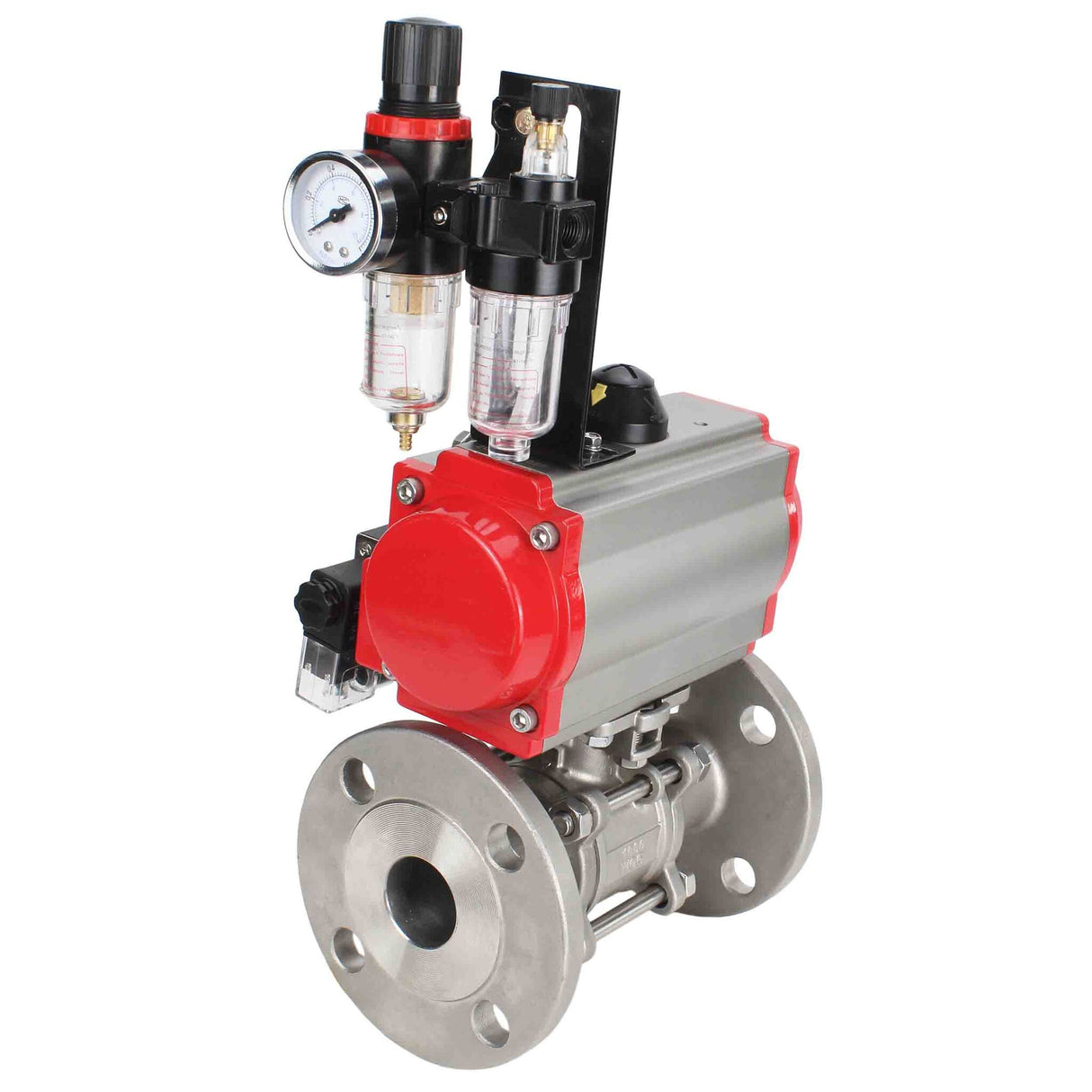 Robinet à boisseau sphérique en acier inoxydable Elephant ksfpt-316-180-da-4m310-110/220v-afc2000, matériau du corps - acier inoxydable AISI 316, matériau de la bille - acier inoxydable AISI 316, joint - PTFE, actionné par actionneur pneumatique