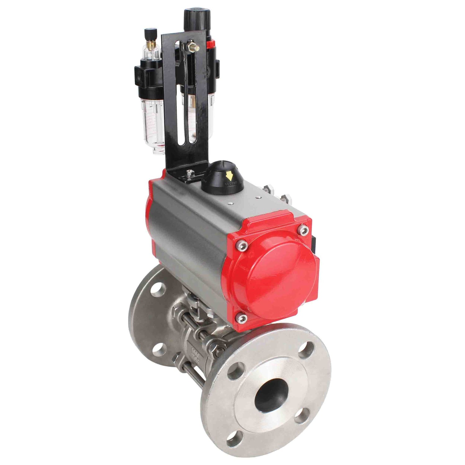 Robinet à boisseau sphérique en acier inoxydable Elephant ksfpt-316-180-sa-4m310-24v-afc2000, matériau du corps - acier inoxydable AISI 316, matériau de la bille - acier inoxydable AISI 316, joint - PTFE, actionné par actionneur pneumatique