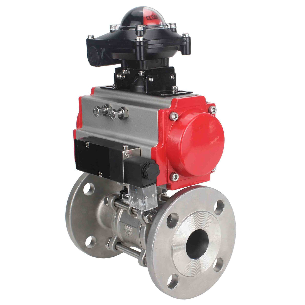 Robinet à boisseau sphérique en acier inoxydable Elephant ksfpt-316-180-sa-4m310-110/220v-apl210n, matériau du corps - acier inoxydable AISI 316, matériau de la bille - acier inoxydable AISI 316, joint - PTFE, actionné par actionneur pneumatique