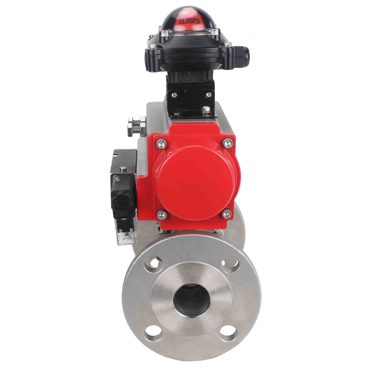 Robinet à boisseau sphérique en acier inoxydable Elephant ksfpt-316-180-sa-4m310-110/220v-apl210n, matériau du corps - acier inoxydable AISI 316, matériau de la bille - acier inoxydable AISI 316, joint - PTFE, actionné par actionneur pneumatique