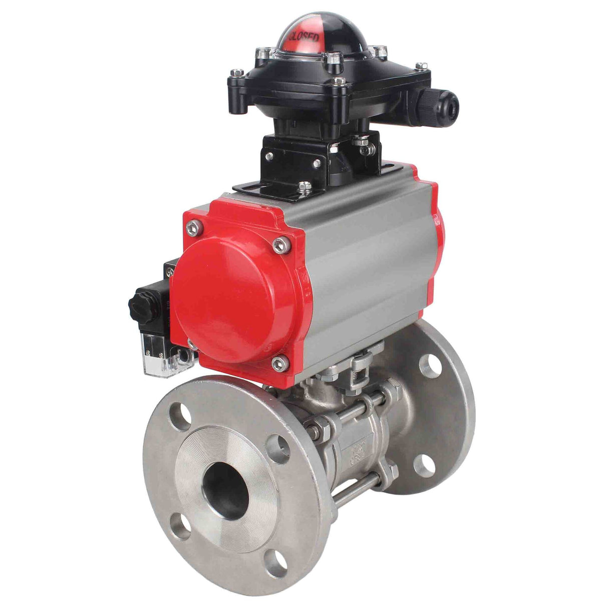 Robinet à boisseau sphérique en acier inoxydable Elephant ksfpt-316-180-sa-4m310-110/220v-apl210n, matériau du corps - acier inoxydable AISI 316, matériau de la bille - acier inoxydable AISI 316, joint - PTFE, actionné par actionneur pneumatique
