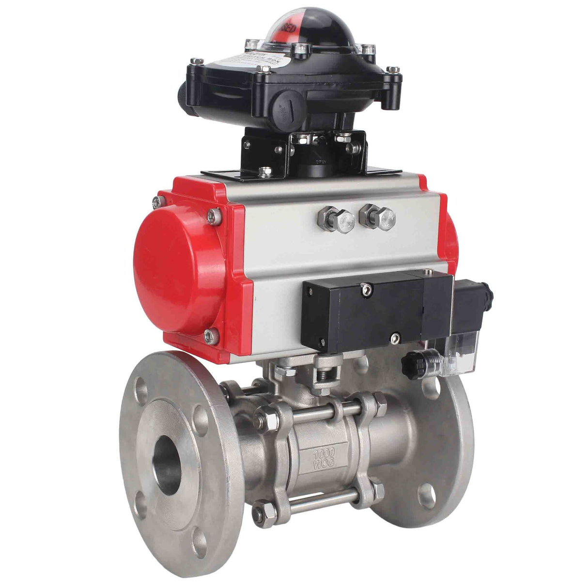 Robinet à boisseau sphérique en acier inoxydable Elephant ksfpt-316-180-sa-4m310-110/220v-apl210n, matériau du corps - acier inoxydable AISI 316, matériau de la bille - acier inoxydable AISI 316, joint - PTFE, actionné par actionneur pneumatique