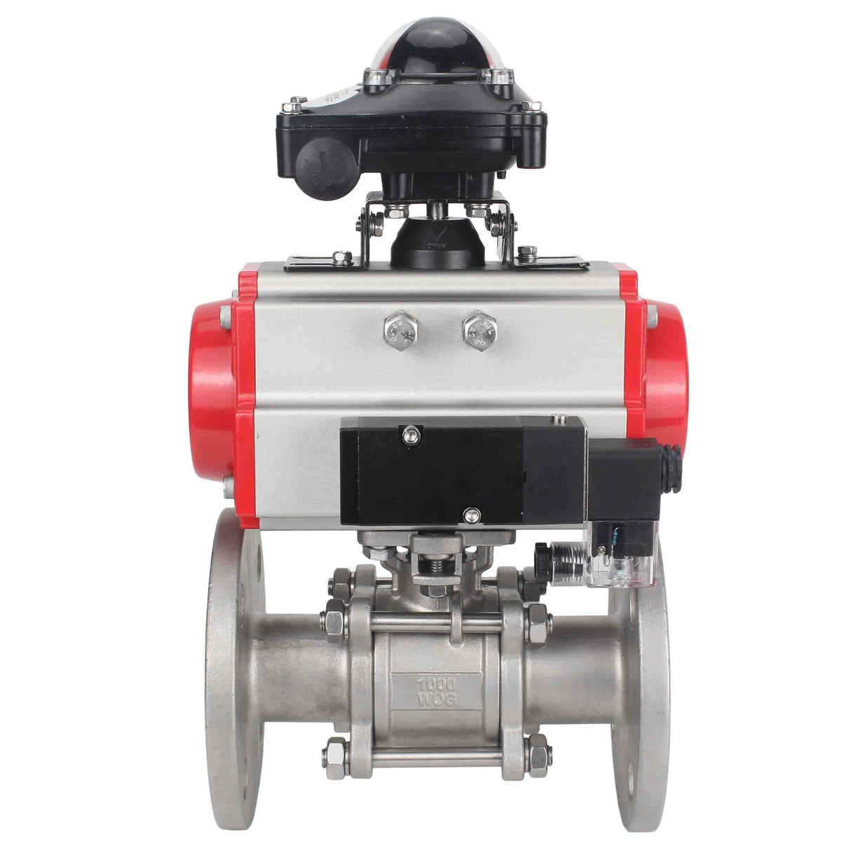 Robinet à boisseau sphérique en acier inoxydable Elephant ksfpt-316-180-sa-4m310-110/220v-apl210n, matériau du corps - acier inoxydable AISI 316, matériau de la bille - acier inoxydable AISI 316, joint - PTFE, actionné par actionneur pneumatique
