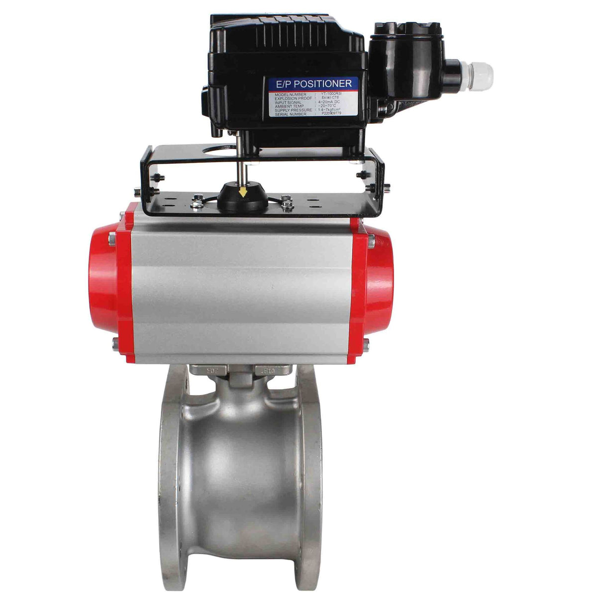 Robinet à boisseau sphérique en acier inoxydable Elephant kchmfp-elephant-sa-yt1000rsn, matériau du corps - acier inoxydable AISI 316, matériau de la bille - acier inoxydable AISI 316, joint - PTFE, actionné par actionneur pneumatique