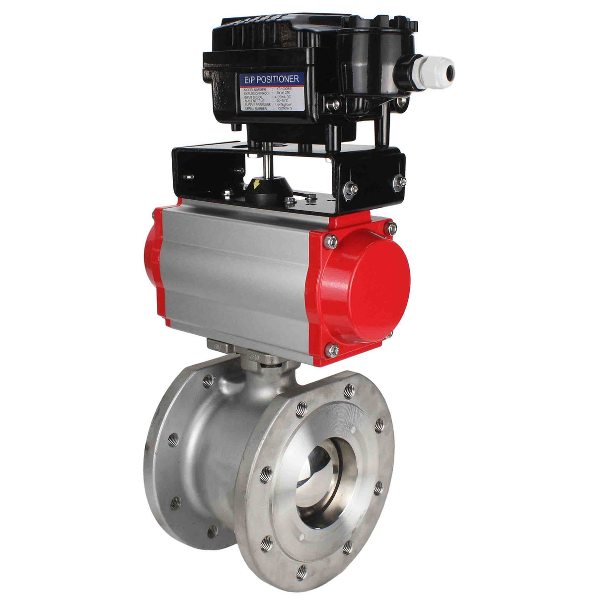 Robinet à boisseau sphérique en acier inoxydable Elephant kchmfp-elephant-sa-yt1000rsn, matériau du corps - acier inoxydable AISI 316, matériau de la bille - acier inoxydable AISI 316, joint - PTFE, actionné par actionneur pneumatique
