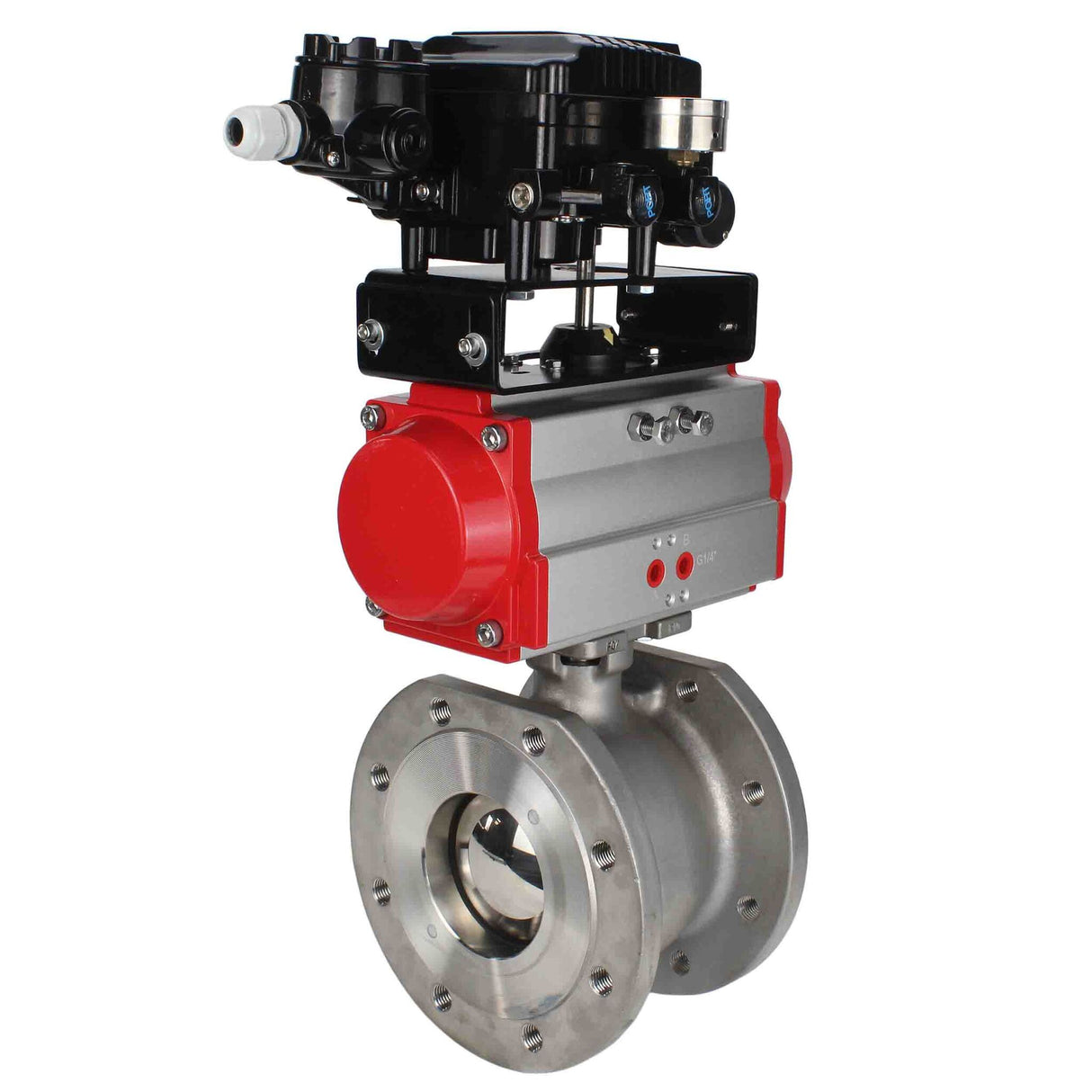 Robinet à boisseau sphérique en acier inoxydable Elephant kchmfp-elephant-sa-yt1000rsn, matériau du corps - acier inoxydable AISI 316, matériau de la bille - acier inoxydable AISI 316, joint - PTFE, actionné par actionneur pneumatique